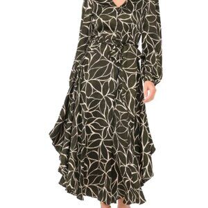 Vince Camuto Maxi Long Sleeve Printed Forest Green & White Smocked Waist Dress L